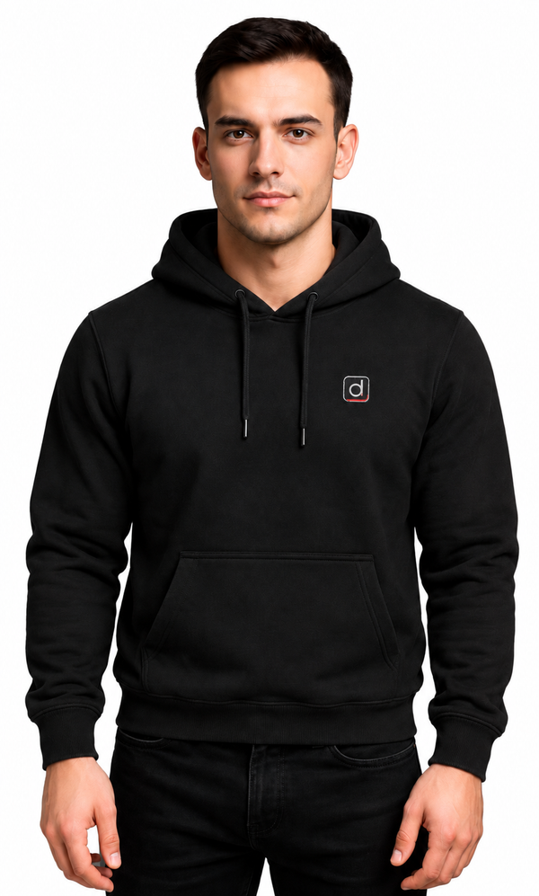 Drishti black pullover hoodie, front view