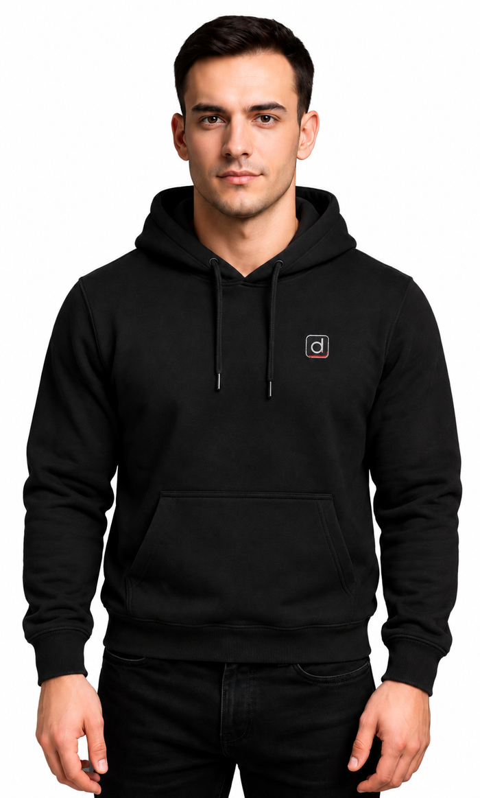 Drishti black pullover hoodie, front view